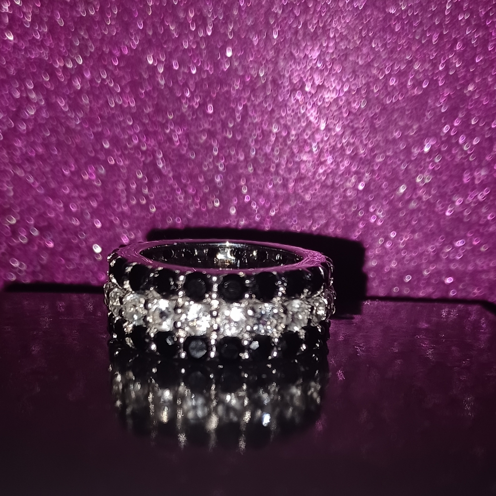Sterling Silver Black & White Zircon Ring Gem Treasures SHOPNBC size 7